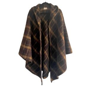 TERRAWARE Earth Aware Plaid Wool Cashmere Hooded Poncho Wrap Jacket Coat Brown M